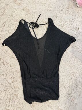 Trac Black Sparkle Mesh V-Neck Bodysuit